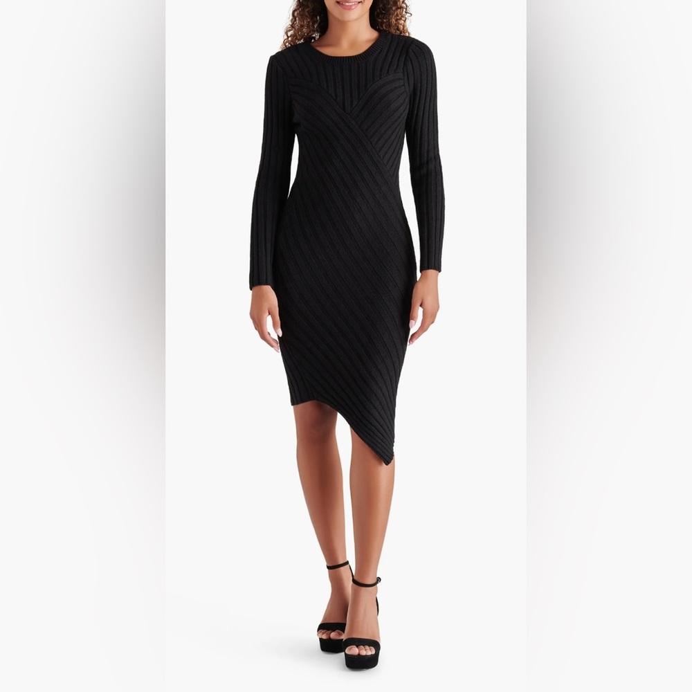 NWT Steve Madden Serina Bodycon Sweater Dress Asymmetric Hem Black Size S